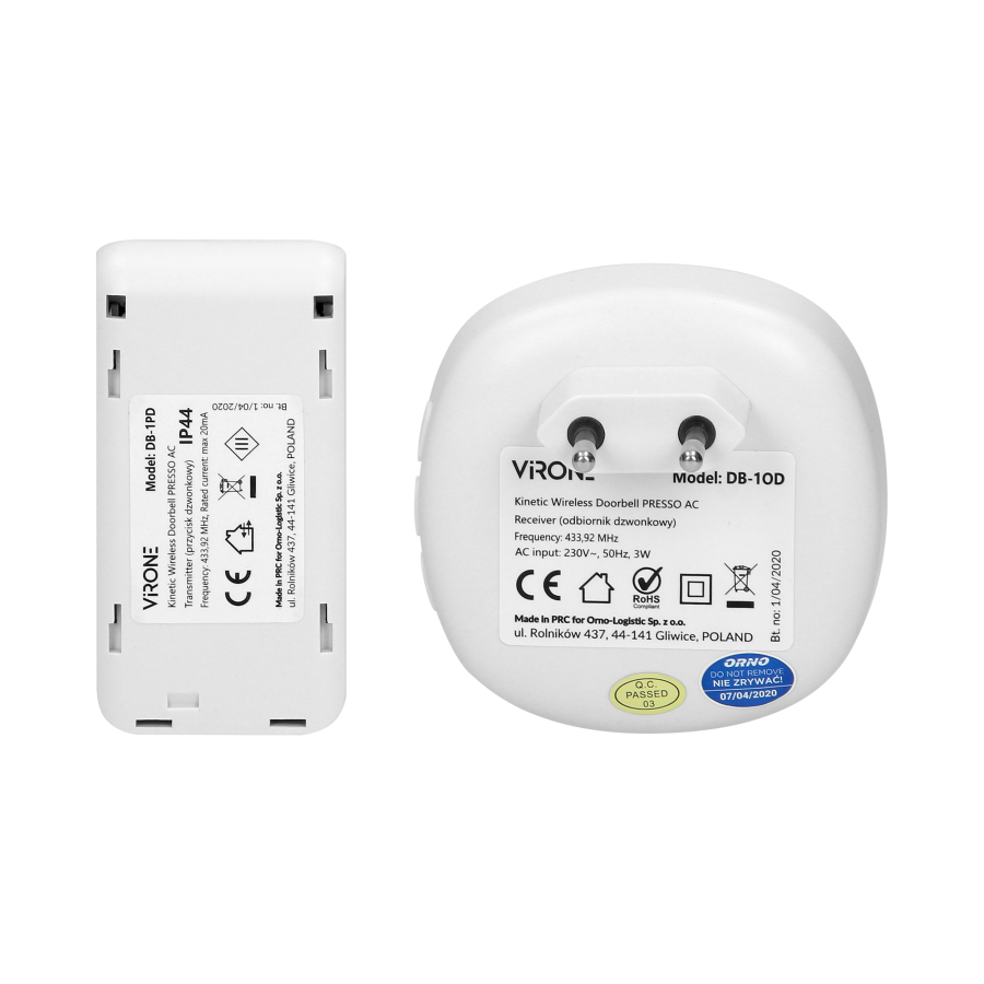 PRESSO AC wireless doorbell with learning system and kinetic push-button, 36 ringtones, communication range of 100m in an open a